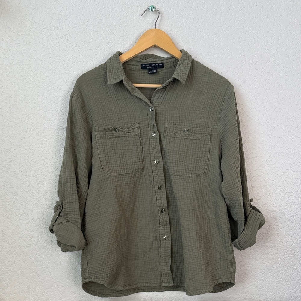Social Standard by Sanctuary Button Down Shirt Long Sleeve Gauze Green Large